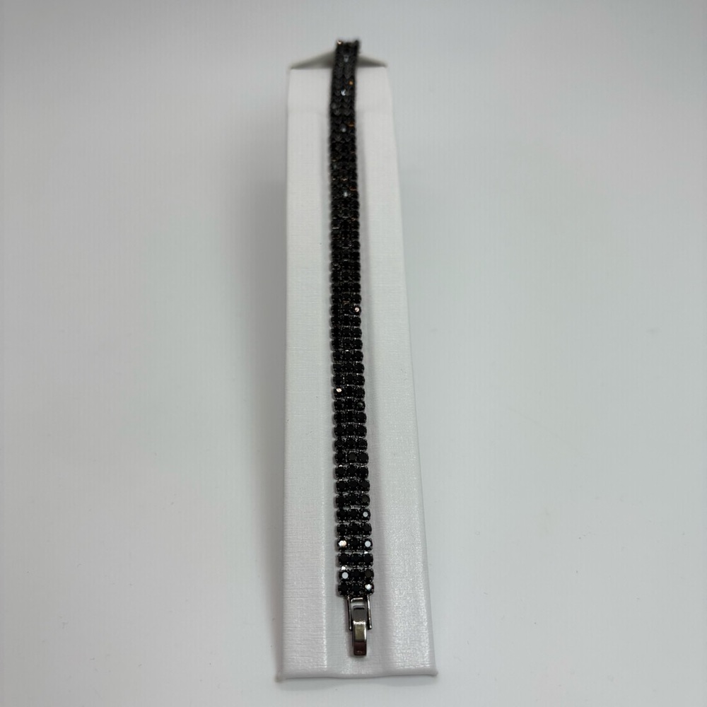 3 Row Black Tennis Bracelet in Silver Tone, Brand New